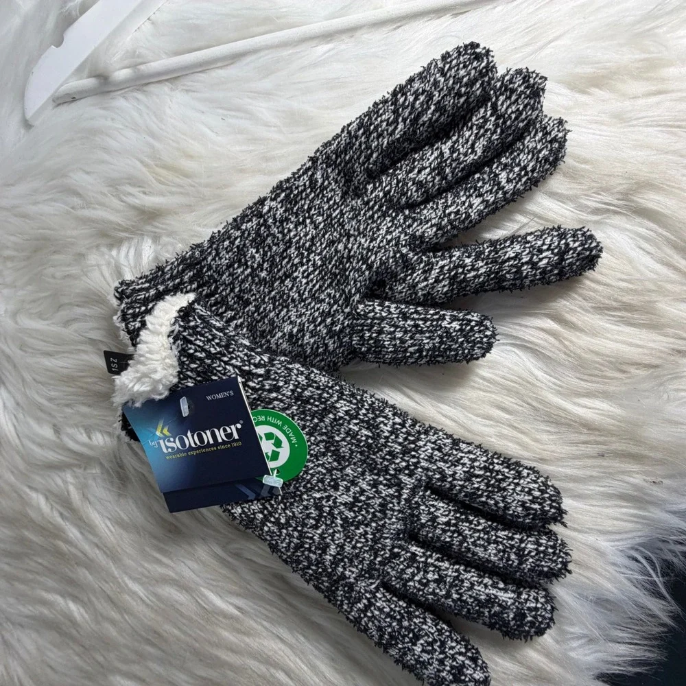 Isotoner Womens‎ Black White Marled Knit Sherpa Lined Gloves 914KR One Size NWT